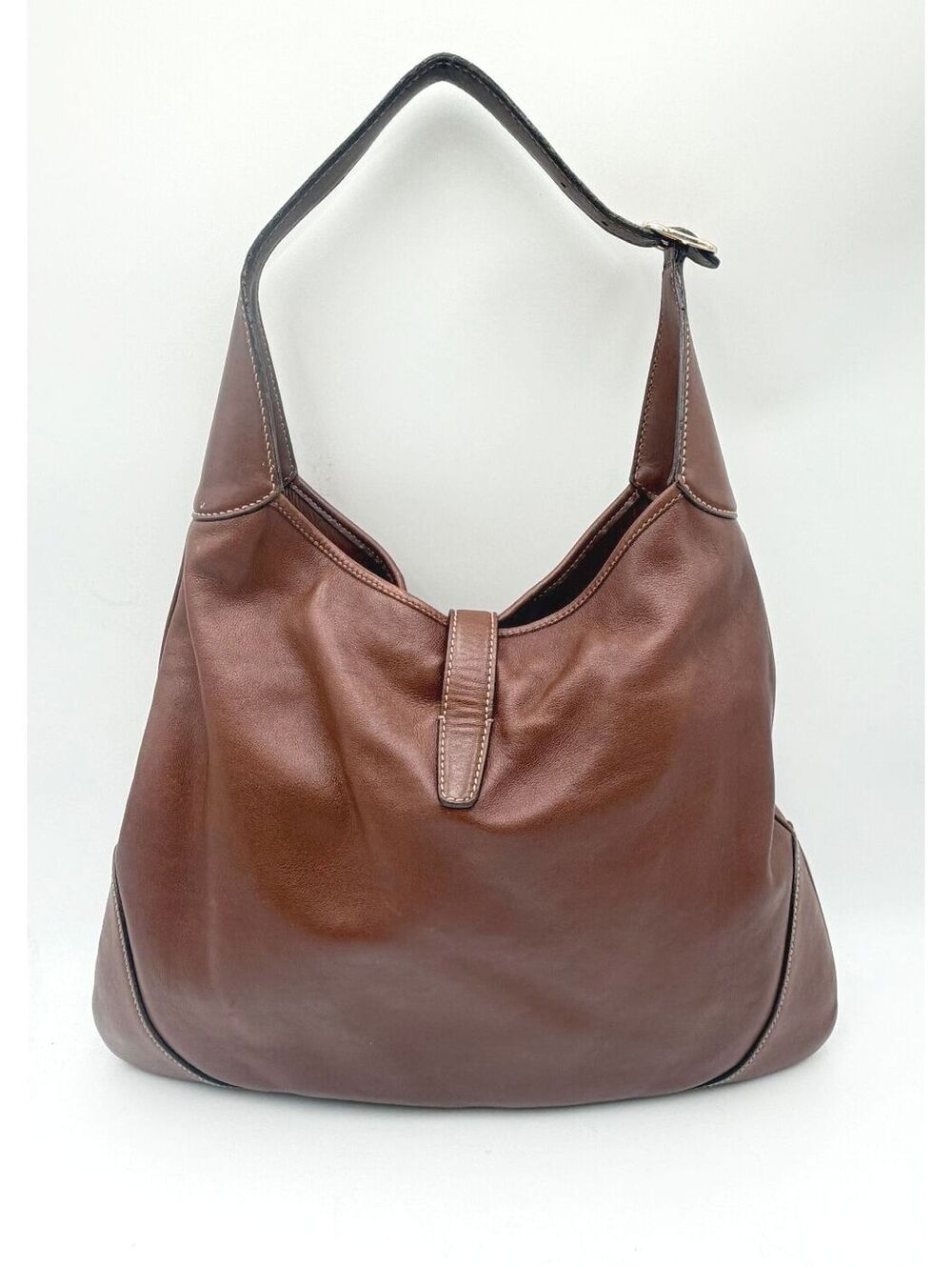 Gucci Vintage Large Jackie O Bouvier Hobo Bag Brown Leather Pink Green Stripe - Picture 4 of 16